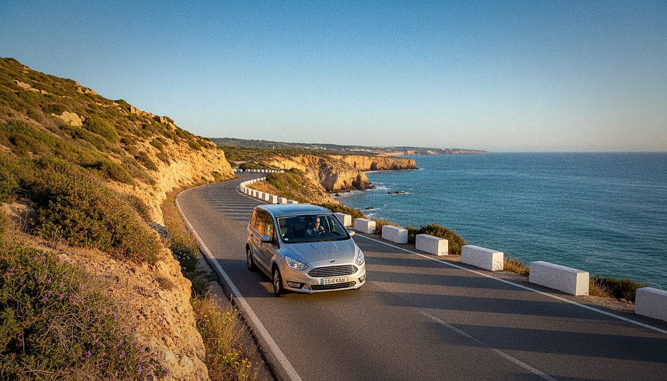A hired minivan on a coastal road in the Algarve region of Portugal