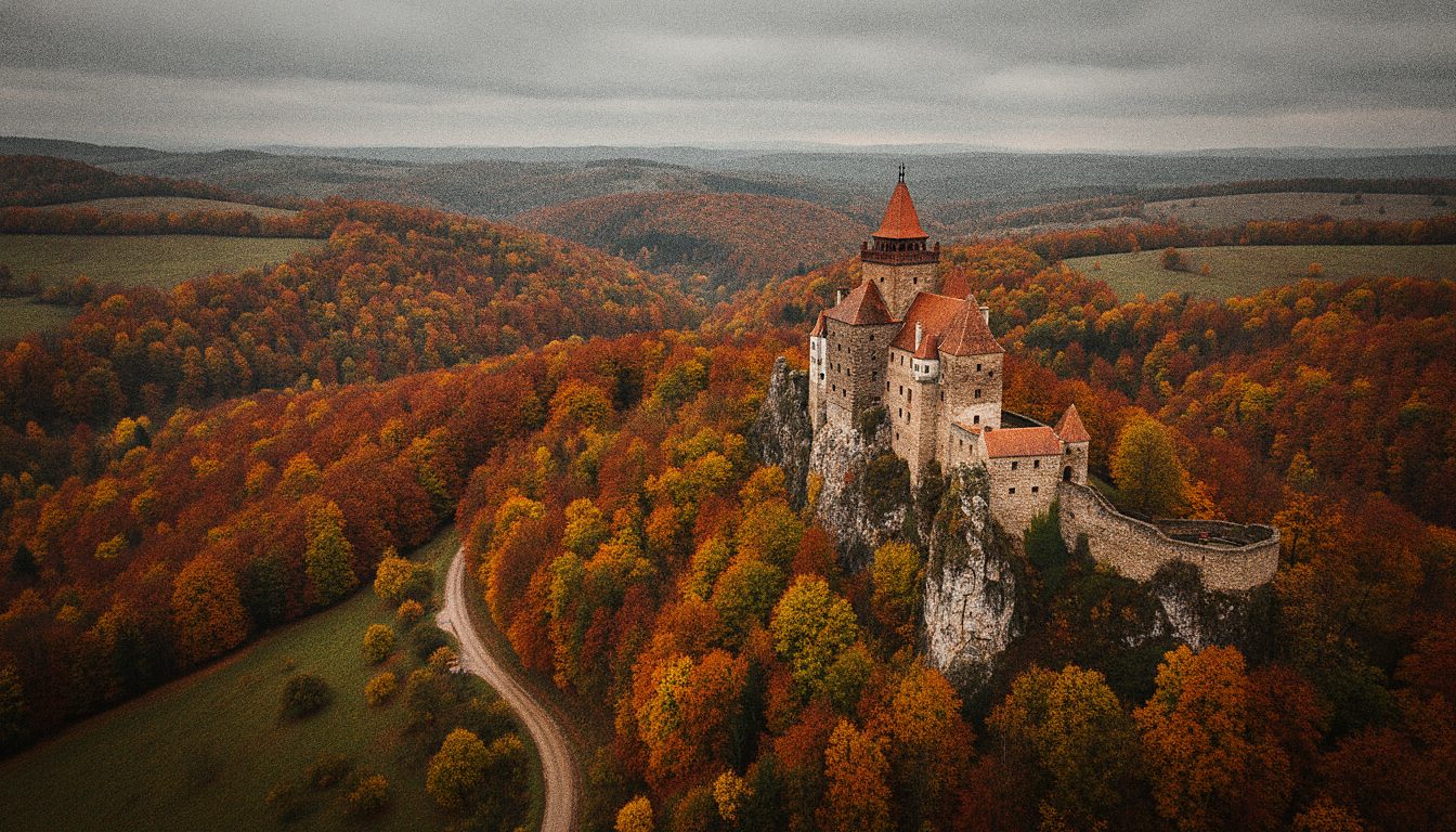 A medieval castle on a rock above autumn trees in the Transylvanian foothills