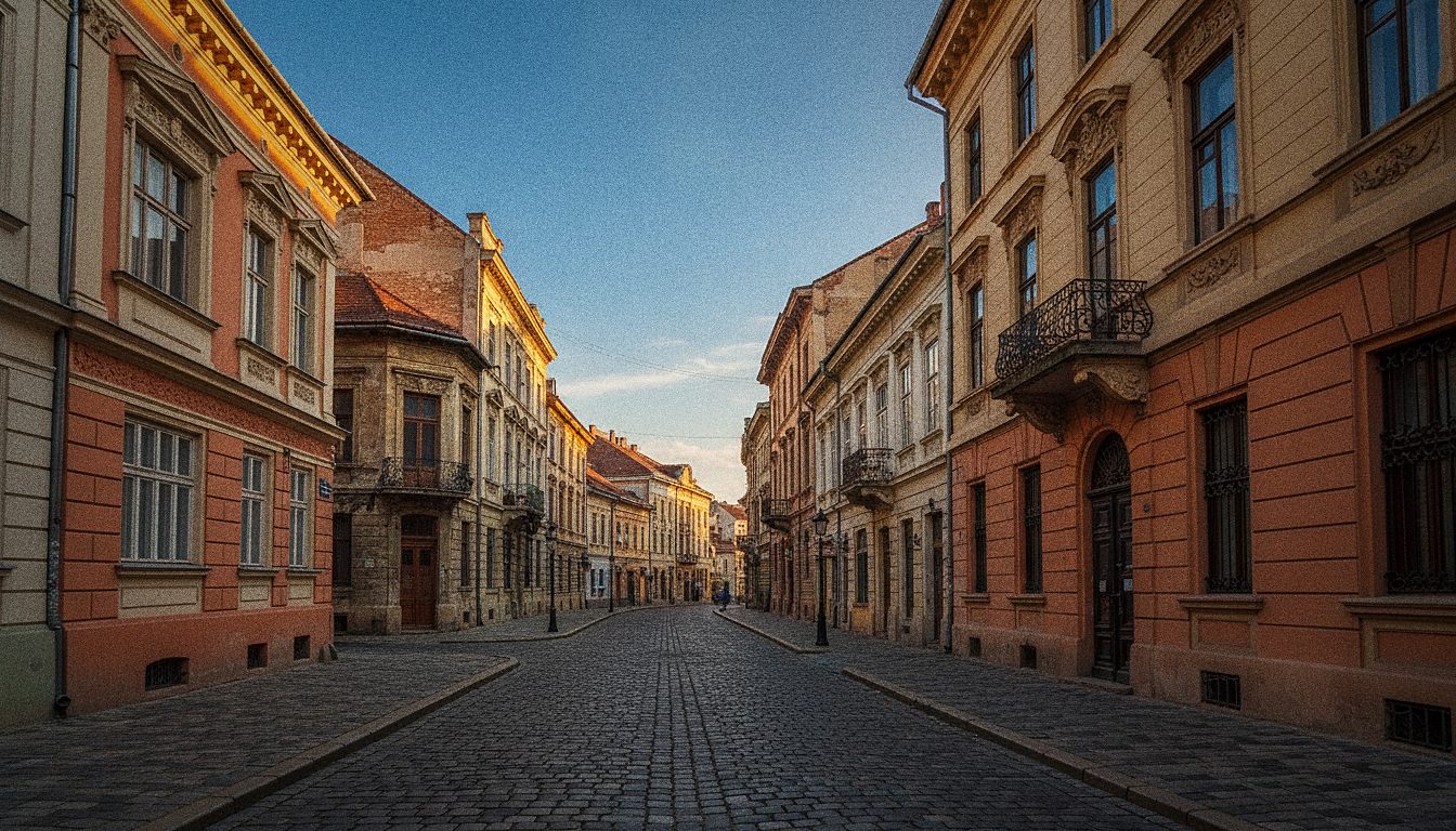 A quiet cobbled street in Bucharest's old town in evening light