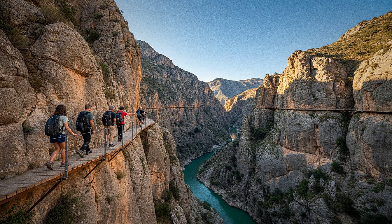 A group walking the elevated Caminito del Rey pathway along a gorge in southern Spain
