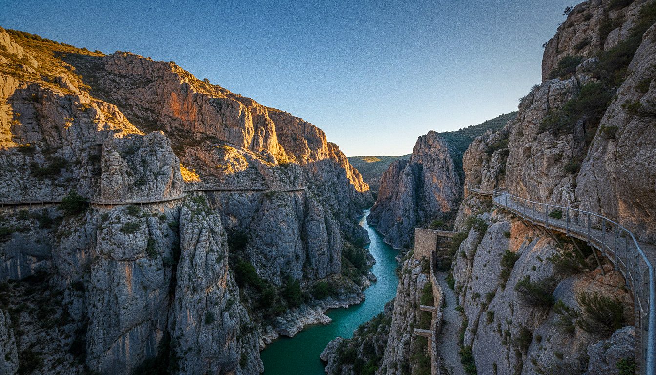 A dramatic view down into the gorge from the Caminito del Rey walkway in southern Spain