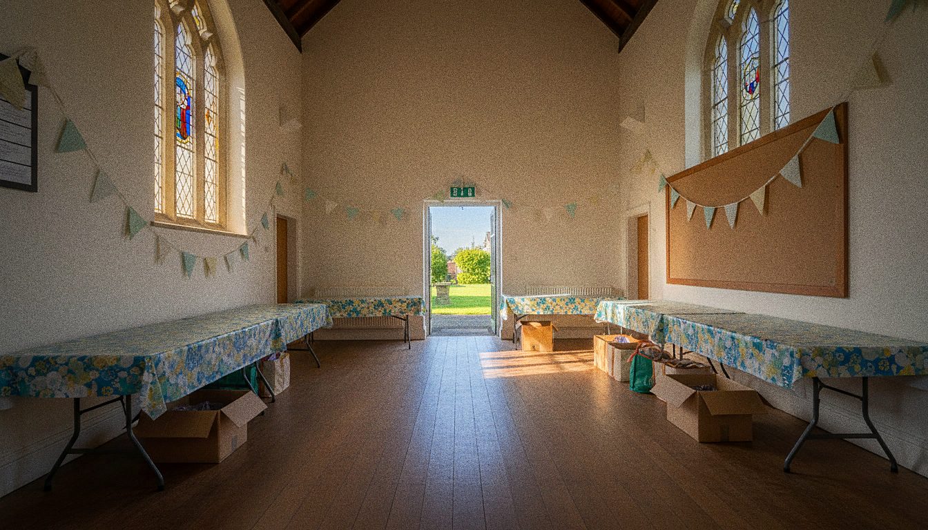 Volunteers setting up a small fundraising event in a UK church hall