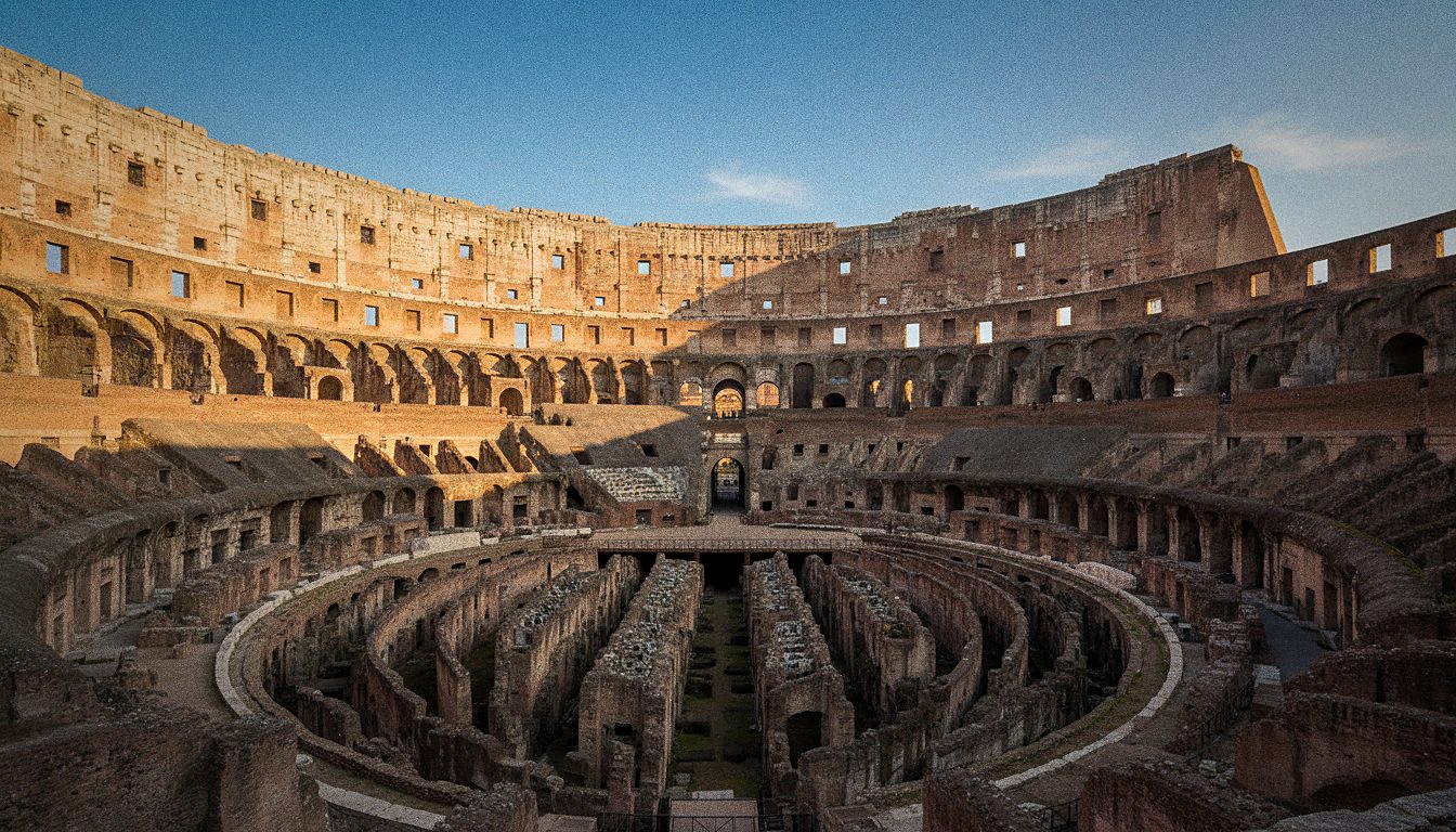 The interior arena floor and tiered seating of the Colosseum in Rome