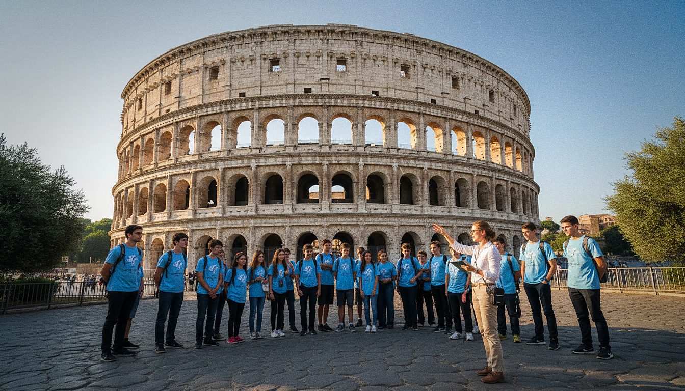 A youth group standing outside the Colosseum in Rome during a guided visit