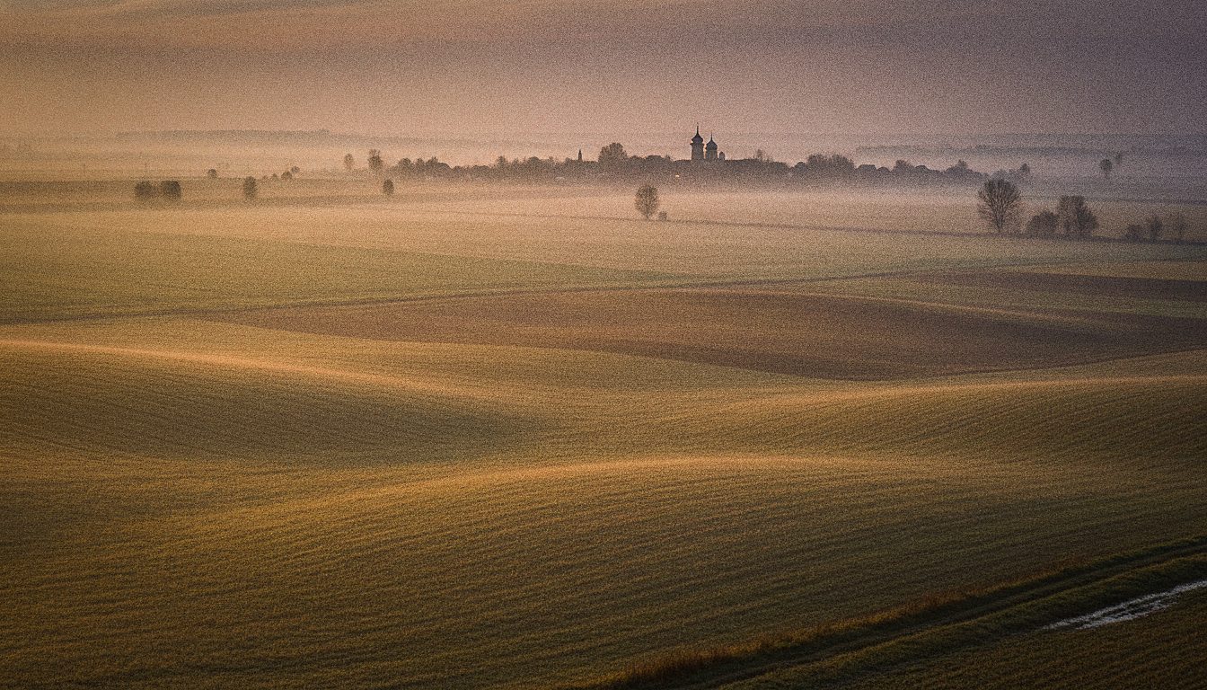 Flat farmland on the plain north-east of Bucharest at dusk, a church tower on the horizon