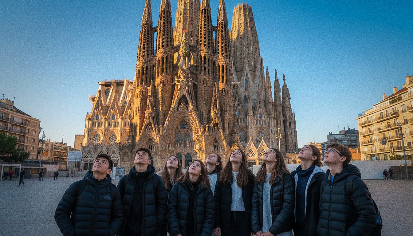 A youth group looking up at the towers of Sagrada Familia in Barcelona