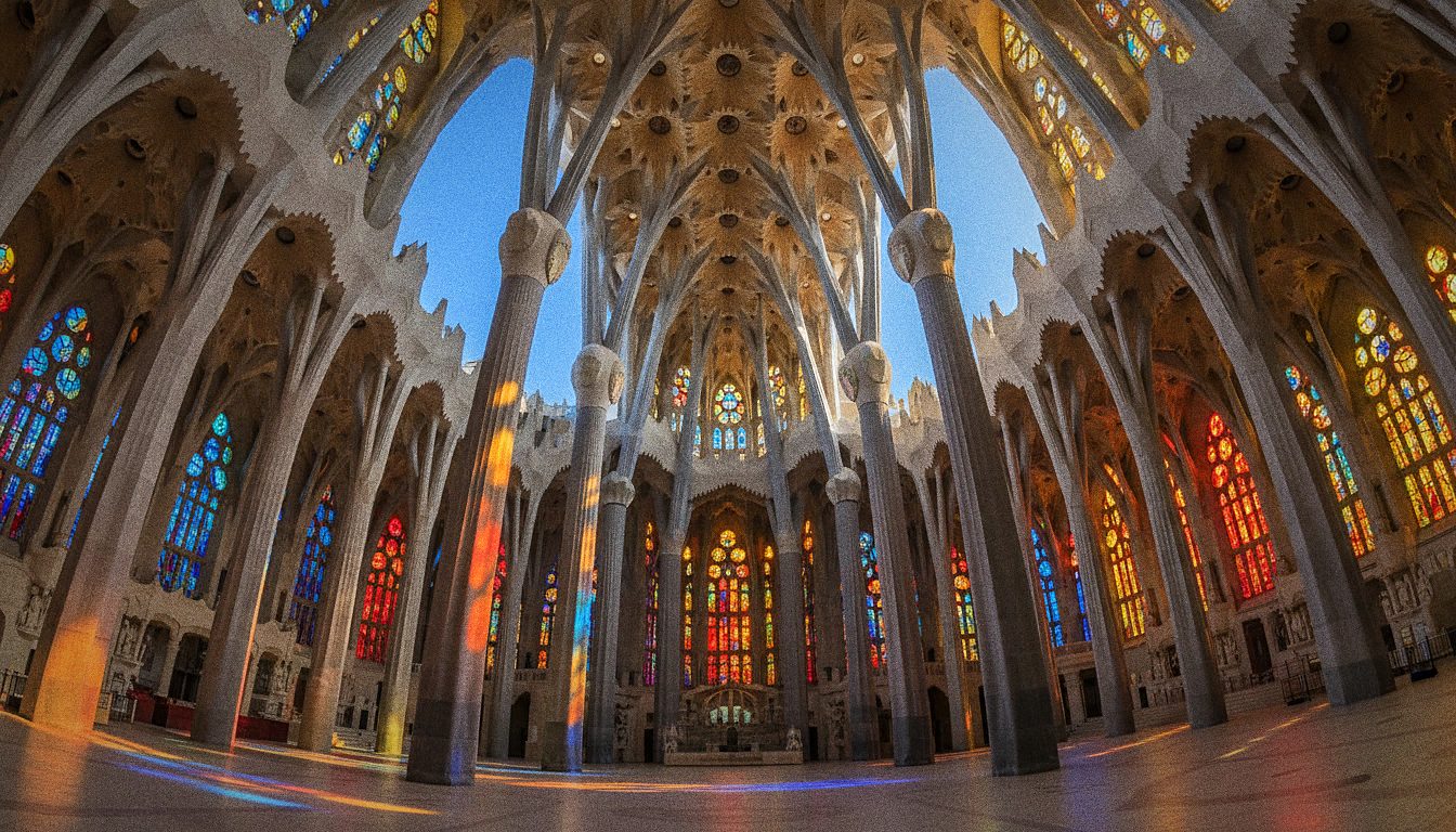 Coloured light from stained-glass windows filling the interior of Sagrada Familia