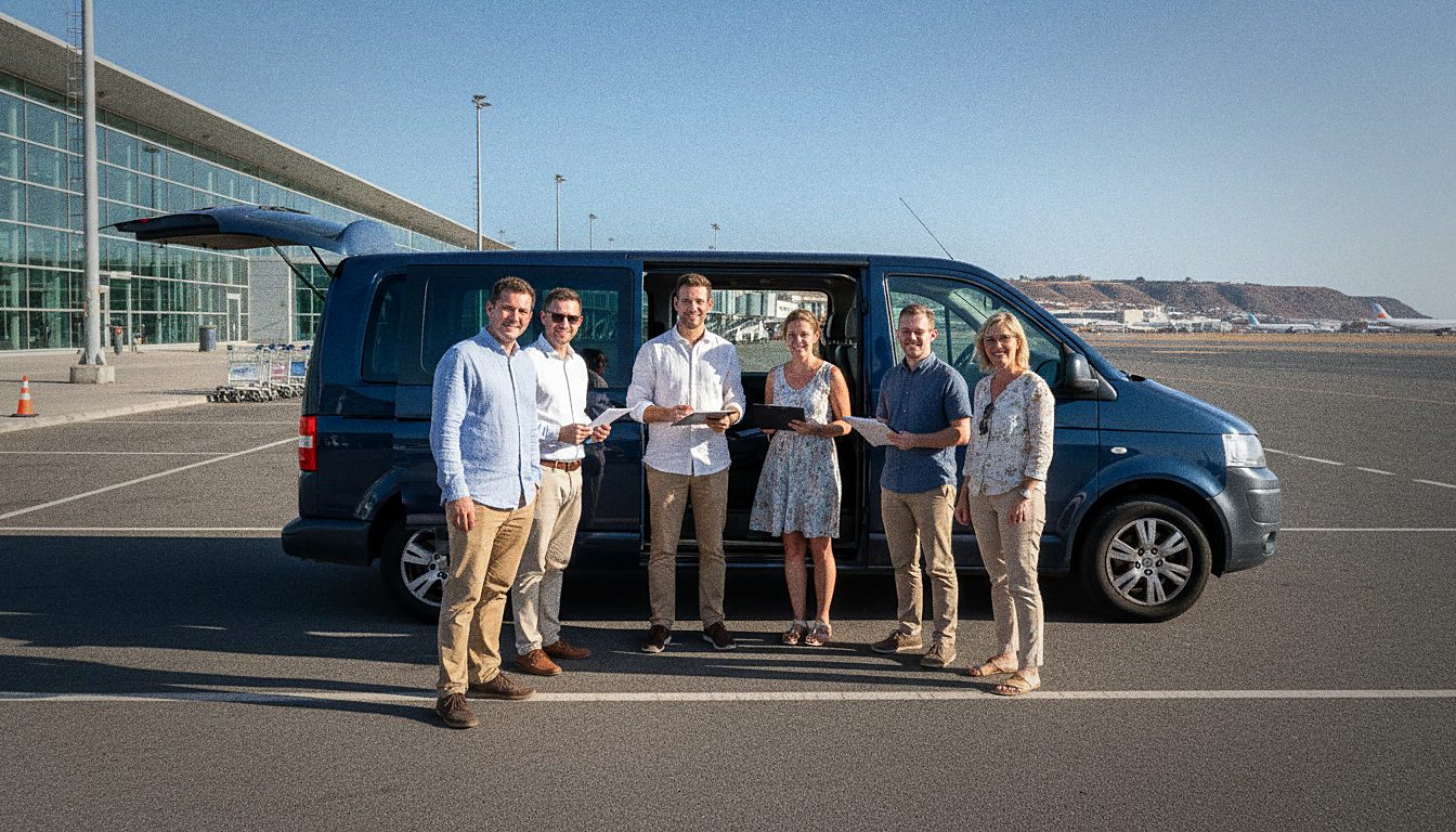 A church leadership team collecting a hired minivan at Tenerife South airport