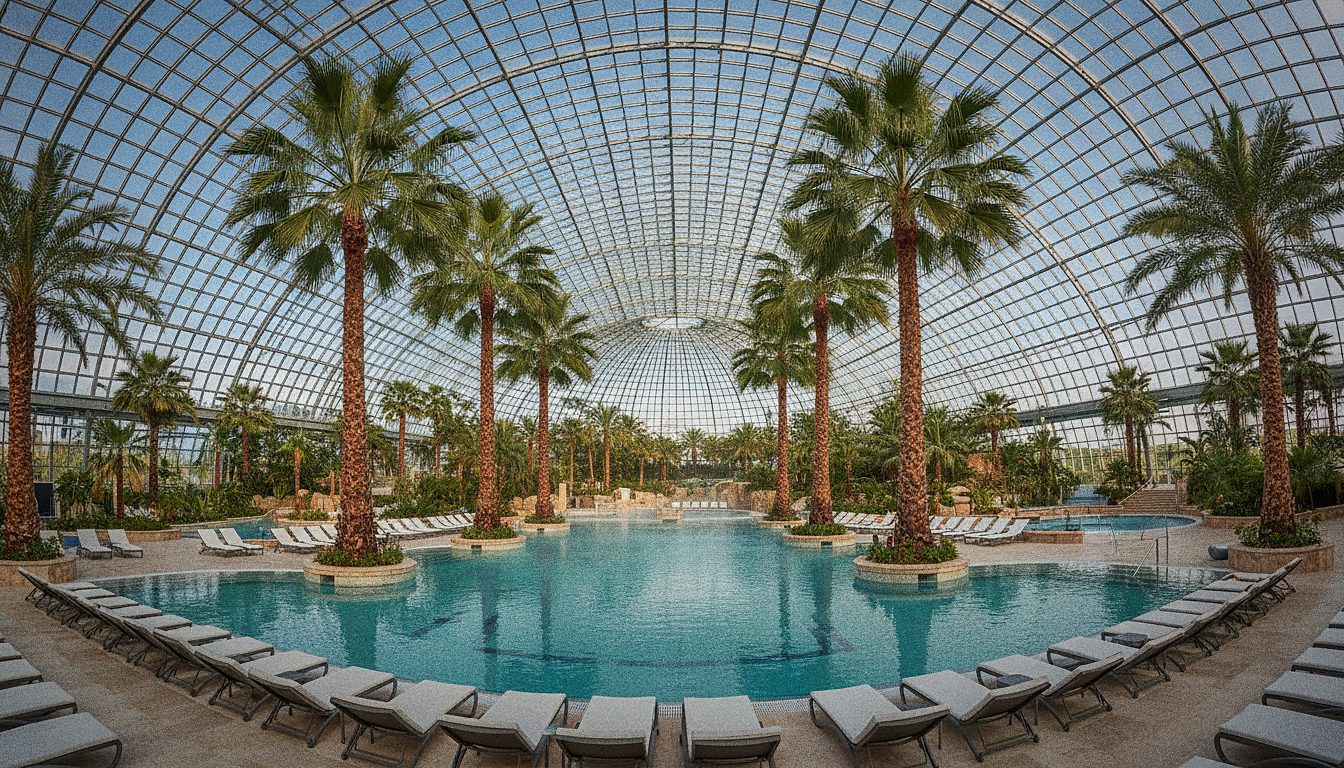 A large indoor thermal pool under a glass dome surrounded by palm trees, with no people