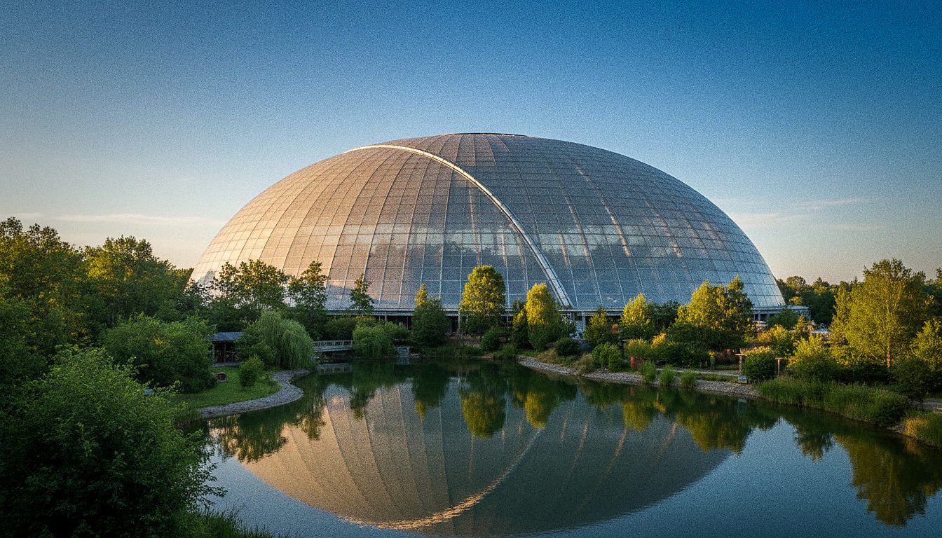 The large indoor dome of Tropical Island near Berlin viewed from outside