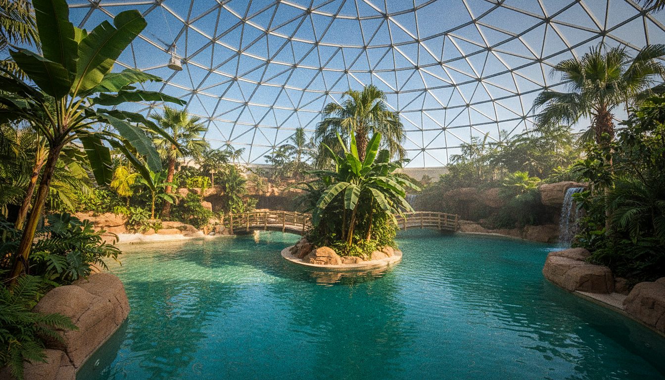 Indoor pools and tropical planting inside the Tropical Island dome near Berlin